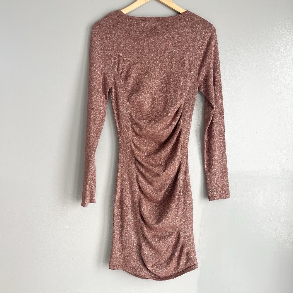 Express Ruched Metallic Bodycon Dress Tan Brown Salmon Mesh Sleeves M NWT - Picture 9 of 9